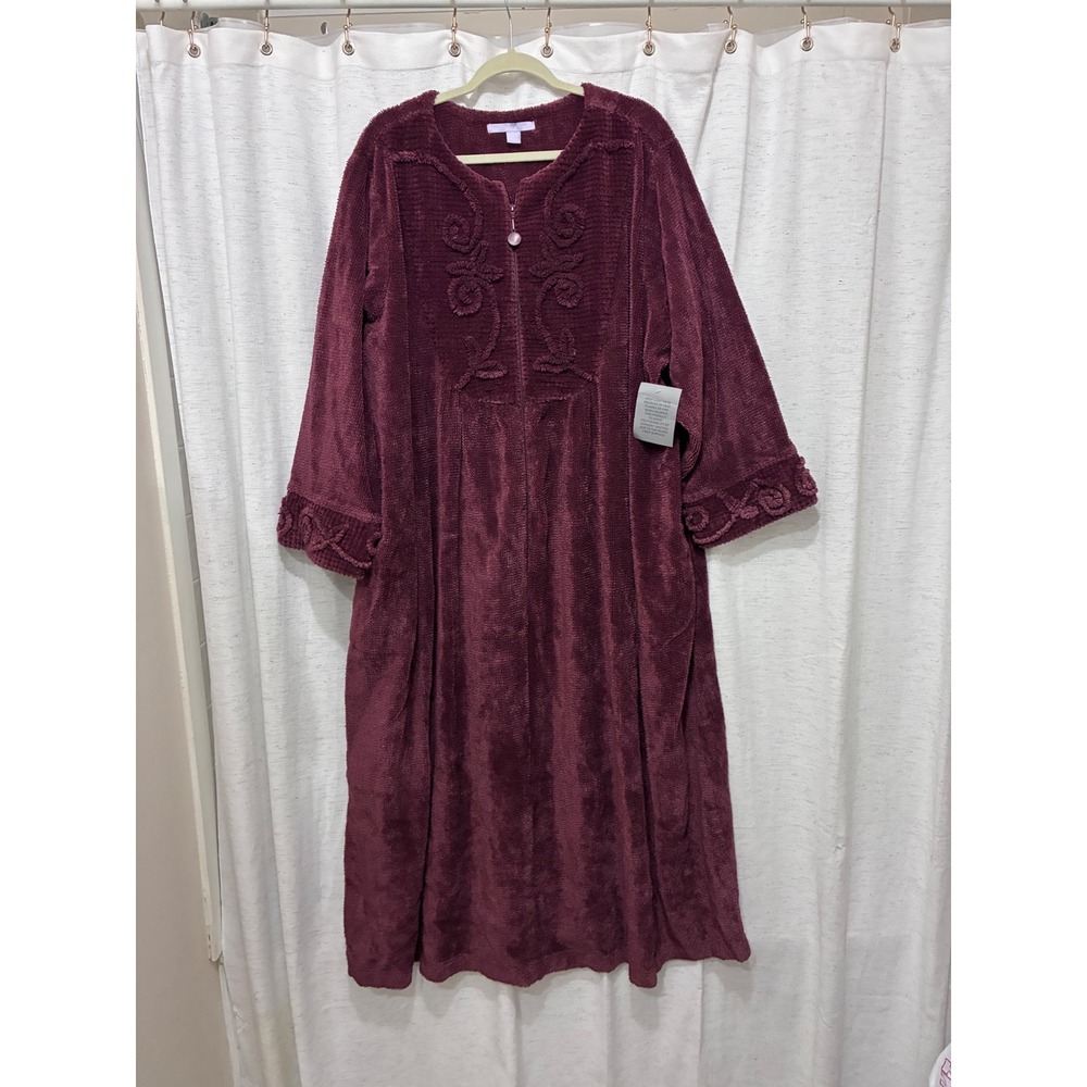 Only Necessities Womens 3X Burgundy Fleece Full Zip Robe Embroidered Housecoat